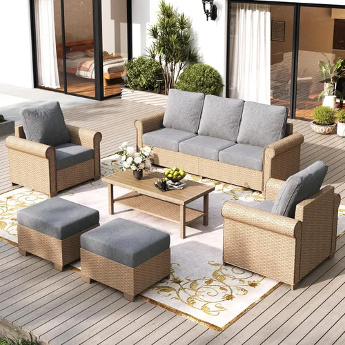 Vista 19 de SUNSHINE VALLEY - Juego de conversación de mimbre para patio de 4 piezas con mesa auxiliar Beige