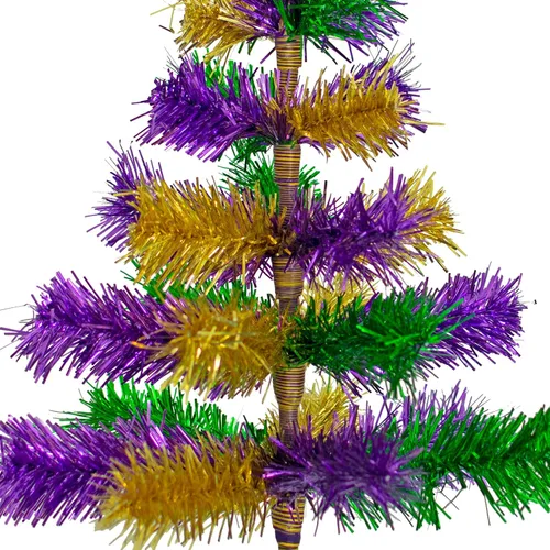 Vista 3 de Lee Display Árbol de Navidad de oropel con temática de Mardi Gras de 18 pulgadas, morado, dorado y verde