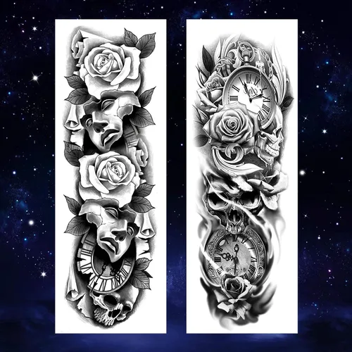 Vista 2 de 4 hojas de tatuajes temporales de brazo completo para adultos, color rosa pistola de tatuajes, impermeables, arte corporal de larga duración