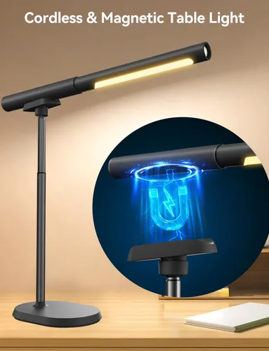 Vista 3 de Lámpara de escritorio recargable, lámpara de mesa magnética ajustable con tubo de luz cilíndrico extraíble para estudio y dormitorio, control táctil
