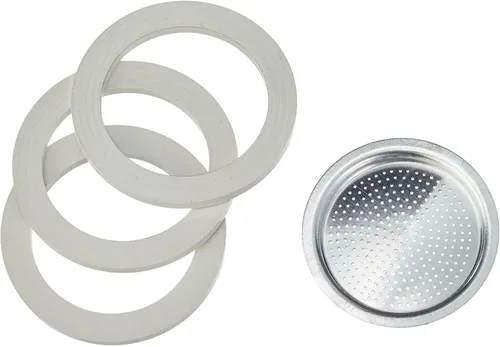 Vista 4 de Repuestos Bialetti, incluye 3 juntas y 1 placa, compatible con Moka Express, Fiammetta, Break, Happy, Dama, Moka Timer y Rainbow (6 tazas)