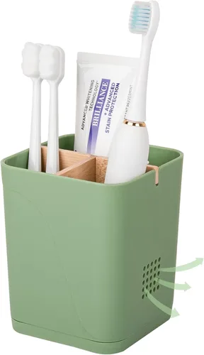 Vista 22 de Soportes para cepillo de dientes con drenaje para baños, soporte para cepillo de dientes de 4 ranuras con divisores de bambú, organizador de cepillo
