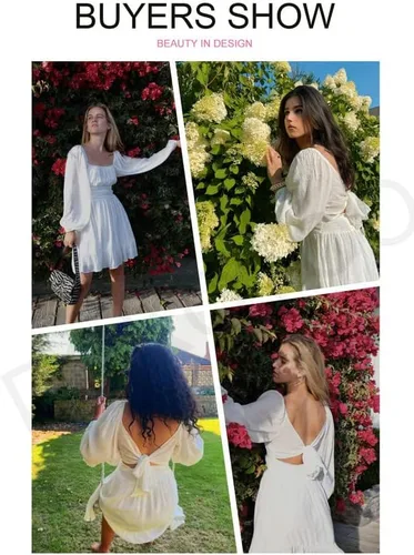 Vista 4 de Dokotoo Vestido largo para mujer, manga farol, cuello cuadrado, lazo sin espalda, vestido sexy con volantes, cintura elástica, acampanado, mini