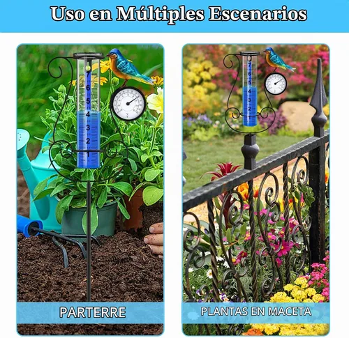 Vista 5 de Pluviómetro para exterior, pluviómetro digital de gran tamaño y color con colibrí metálico y termómetro & higrómetro, altura ajustable, gran