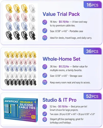 Vista 2 de Cierre rápido: bridas de silicona reutilizables, organizador de cables para cables de carga, cables de datos y cables de computadora, correas