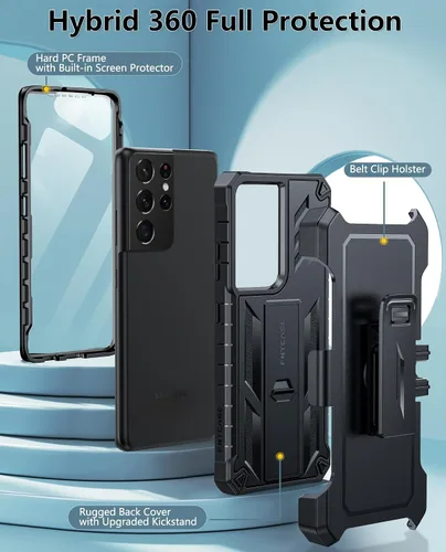 Vista 2 de FNTCASE Funda para Samsung Galaxy S21-Ultra: Funda protectora militar a prueba de golpes con funda de clip para cinturón y soporte, a prueba de Negro