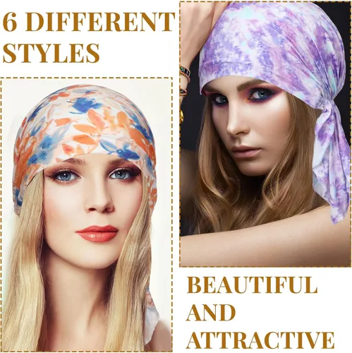 Vista 2 de Geyoga 6 unidades de bufanda para la cabeza para mujer, bufandas preatadas, gorros, gorros, con estampado elástico, para dormir, turbante, bufanda