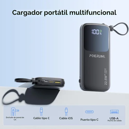 Vista 2 de Cargador portátil de 10000 mAh con dos cables y enchufe de pared Two Built-in Cables and AC Wall Plug Led Display.USB-C Fast Charging Compatible