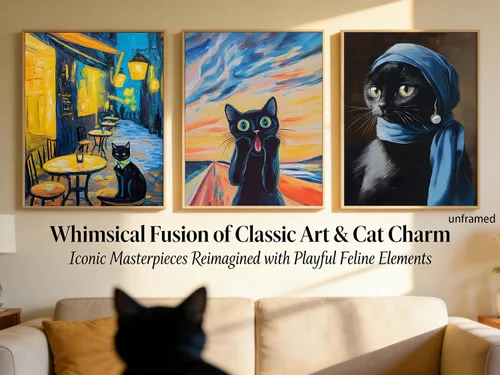 Vista 4 de 9 piezas divertidas de arte de pared de gato negro, gatos negros retro en pinturas famosas, carteles impresos, lindos gatos coloridos, decoración