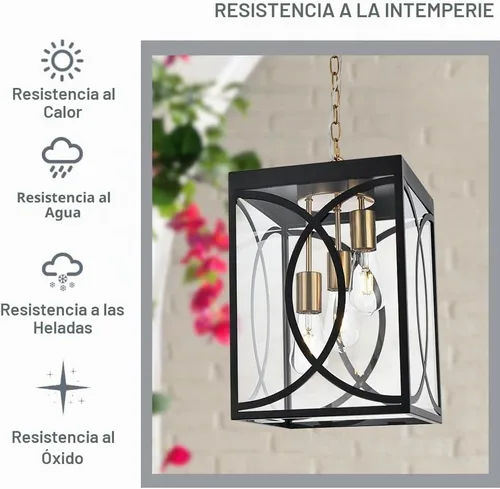 Vista 2 de Lámparas colgantes para exteriores, moderna linterna colgante exterior de 3 luces, panel de cristal transparente, candelabro grande negro para Negro