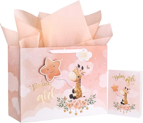 Vista 8 de WRAPAHOLIC Bolsa de regalo grande de 13 pulgadas con tarjeta y papel de seda, adorable bolsa de regalo de elefante para bebé, baby shower, fiesta
