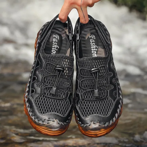 Vista 6 de Qiucdzi Sandalias deportivas para hombre con puntera cerrada, sandalias deportivas de cuero hechas a mano, sandalias ajustables de pescador
