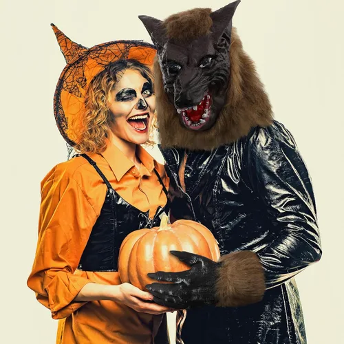 Vista 5 de Wettarn Disfraz de máscara de hombre lobo de Halloween para adulto, máscara de cabeza de hombre lobo, cola de lobo de piel sintética gris, guantes