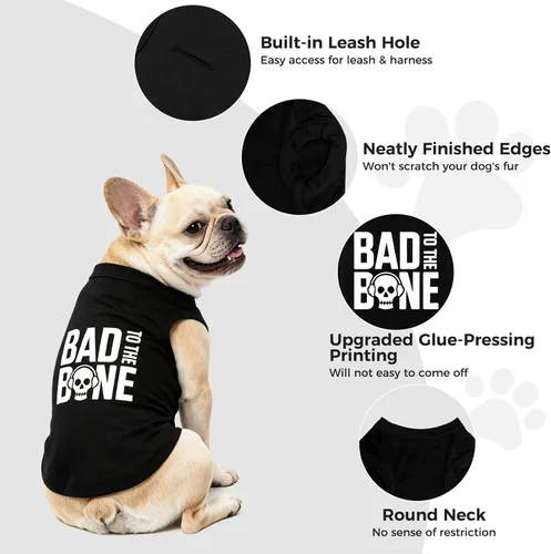 Vista 5 de BINGPET Bad to The Bone - Camiseta de algodón suave para cachorros, transpirable, ligera, para disfraz de perro, chaleco sin mangas, lavable a