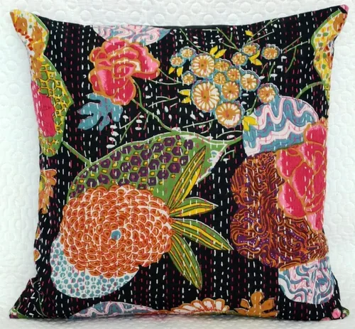 Vista 5 de Kantha - Funda de cojín decorativa hecha a mano, 16 x 16 pulgadas, funda de almohada étnica, funda de cojín indio (beige)