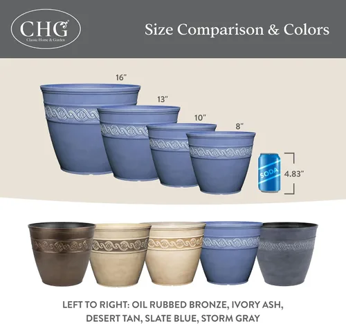 Vista 6 de Classic Home and Garden - Maceta redonda Corinthian Classic Resin Plant Pots, Lightweight Indoor Outdoor Planter, Weather-Resistant, Great for