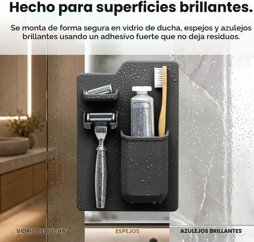 Vista 8 de Soporte de cepillo de dientes de silicona- incluye soporte de maquinilla de afeitar, plato de joyería, impermeable, sin ventosas, reutilizable, se