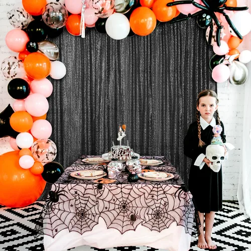 Vista 4 de Hahuho - Cortina de fondo de lentejuelas negras, 2 piezas de 2 pies x 8 pies, cortina de fondo con purpurina para fiestas, Navidad, boda, decoración