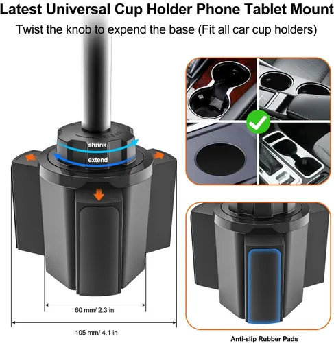Vista 6 de Soporte para portavasos de automóvil resistente [rotación de 360° sin sacudidas] Soporte para iPad con brazo de metal para tableta y teléfono, iPad