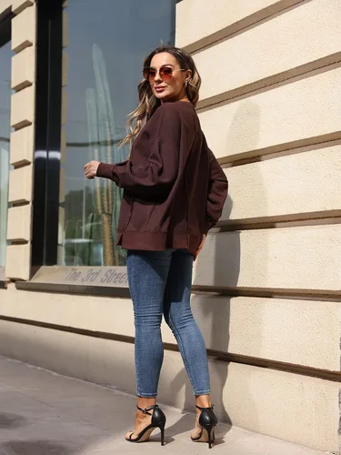 Vista 5 de VNIRA Sudadera de gran tamaño para mujer, cuello redondo, manga larga, casual, vintage, sudadera sin botones