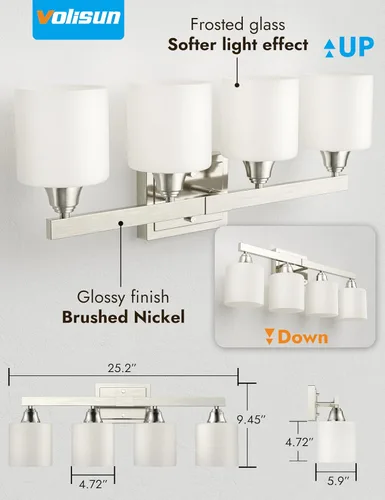 Vista 6 de VOLISUN Accesorios de iluminación de baño de níquel cepillado, 4 luces de cambiador de baño sobre espejo, lámpara de tocador moderna para baños