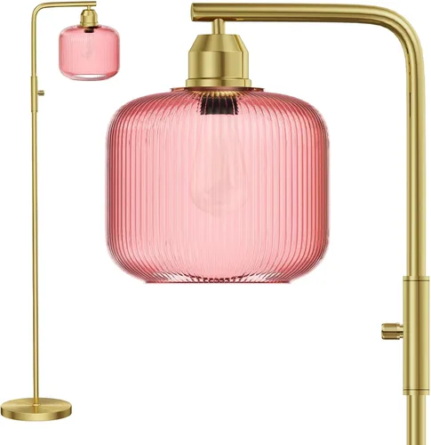 Vista 11 de Lámpara de pie de cristal para sala de estar, moderna lámpara de pie con pantalla de vidrio acanalado verde e interruptor de pedal, lámpara de pie