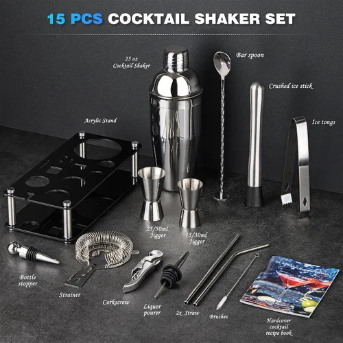 Vista 2 de Juego de Coctelera para Bartender: Kit de Bartender de Acero Inoxidable de 15 Piezas con Soporte Acrílico, Juego de Bar con Todos los Accesorios