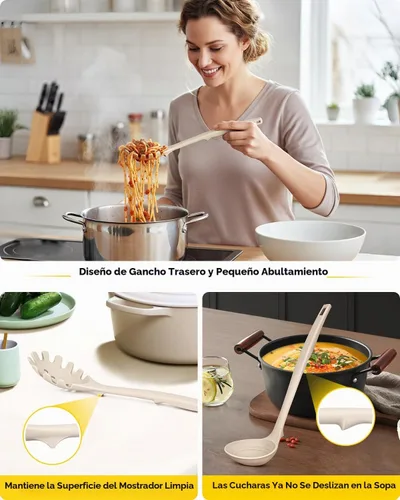 Vista 4 de BUNDLEPRO Juego de cucharón de sopa de silicona y cuchara para pasta, una Caqui