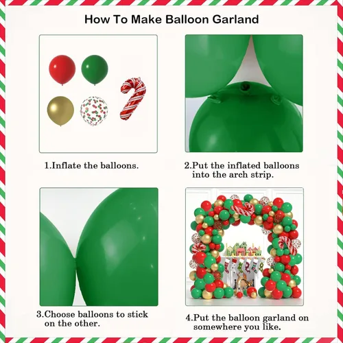 Vista 7 de Kit de arco de guirnalda de globos de Navidad, 116 globos de confeti dorados, rojos y verdes con globo de aluminio de bastón de caramelo