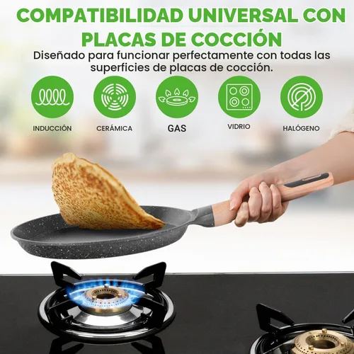 Vista 5 de NutriChef - Sartén para crepes de 24 cm (9.45 pulgadas) antiadherente con esparcidora de madera, sartén Dosa de mármol recubierto duradero, mango