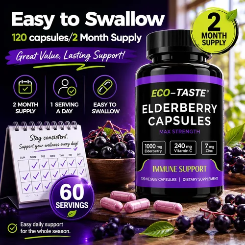 Vista 5 de ECO-TASTE Cápsulas de saúco con zinc y vitamina C, 120 cápsulas, bayas de saúco Sambucus para apoyo inmunológico, salud de la piel, cápsulas