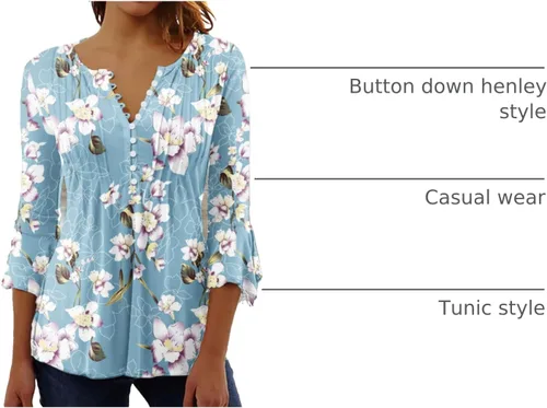 Vista 7 de Ceboyel Blusa tipo túnica con estampado floral para mujer, con botones, estilo Henley, con manga de codo, casual, trajes de moda para mujer