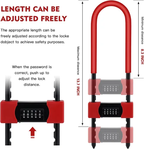 Vista 6 de U-Lock - Bloqueo en U extra largo de código de cinco dígitos - Cerradura de combinación de grillete largo - Cerradura de bicicleta con grillete