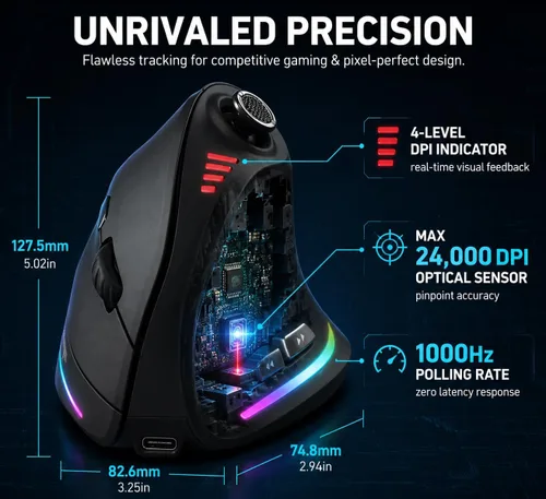 Vista 4 de TKMARS Ratón vertical ergonómico inalámbrico para juegos con joystick, Bluetooth y 2.4G, 12 botones programables, 24000 DPI ajustable, mouse RGB
