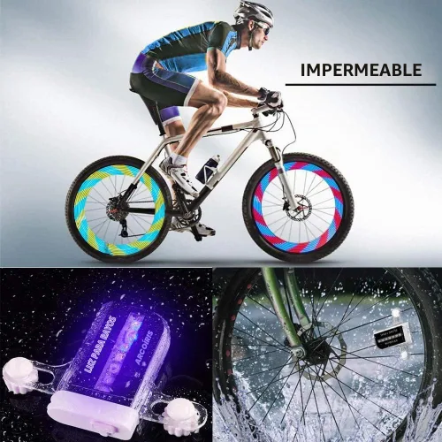 Vista 4 de Solhice 2 luces LED recargables para ruedas de bicicleta, luces impermeables para radios de bicicleta, 30 patrones de luces de neumáticos