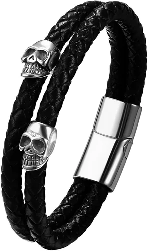 Vista 7 de NMQLX Pulsera de cuero, pulsera de calavera punk, pulseras de cuero trenzadas, pulsera gótica vintage para hombres