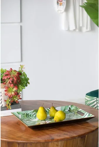Vista 3 de A & B Home Bandeja decorativa de desayuno rectangular con estampado de hojas verdes con asas, plástico seguro para alimentos, 11.80 x 1.4 x 18