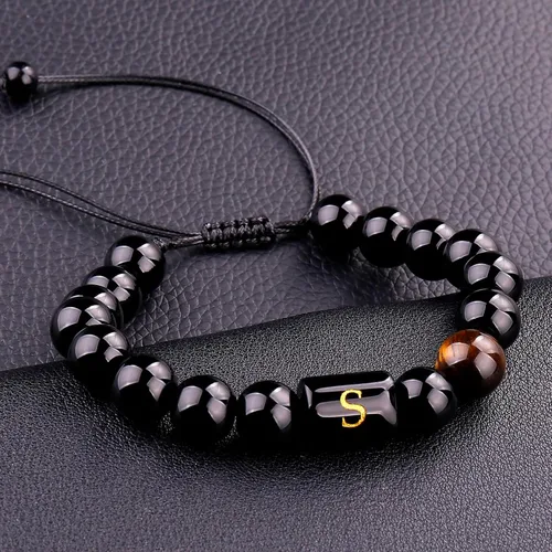 Vista 103 de SUMMER LOVE Regalos para el Día del Padre, pulsera con inicial de piedra de ónix negro de 0.394 pulgadas para hombres, pulsera de cuerda trenzada