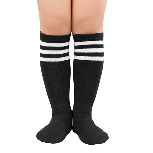 Vista 2 de American Trends Calcetines de fútbol para niños, calcetines de tubo alto hasta la rodilla para niños y niñas, calcetines deportivos largos a rayas