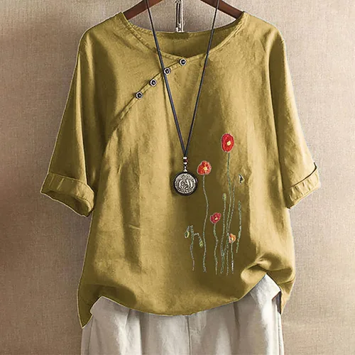 Vista 2 de Ceboyel Women Summer Cotton Linen Shirts Floral Print Tops Short Sleeve Casual Blouses Boho Loose Fit Ladies Clothes 2023