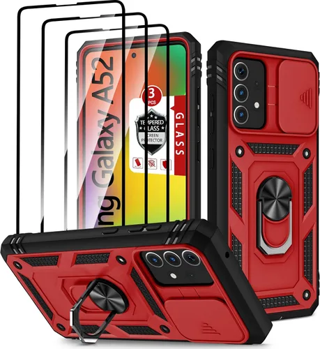 Vista 10 de Funda para Galaxy A52 4G, para Galaxy A52 5G con 3 protectores de pantalla de vidrio templado con soporte de anillo integrado + cubierta de cámara