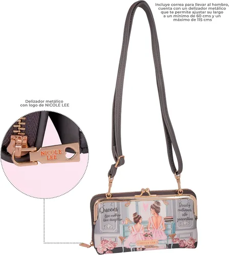 Vista 5 de Nicole Lee Cartera cruzada plegable con estampado de moda de 2 piezas, piel vegana, correa cruzada extraíble, Double Queens, Declaración
