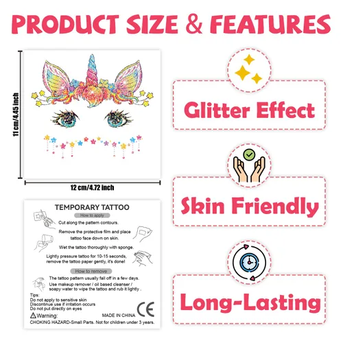 Vista 6 de Leesgel 24 hojas de tatuajes faciales con purpurina para niños, tatuajes de pintura facial para cumpleaños de niños y niñas, recuerdos de fiesta