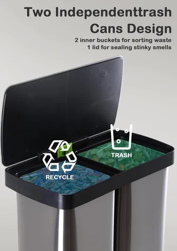 Vista 7 de Cubo de basura doble de 10 galones, contenedor de reciclaje clasificado para reciclaje de cocina y basura, cubo de basura de doble compartimento