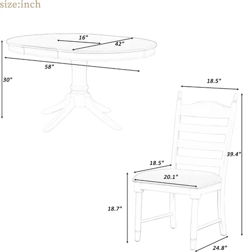 Vista 7 de Merax Juego de mesa de comedor, juego de mesa de comedor funcional retro de 5 piezas, mesa de comedor redonda extensible de madera y 4 sillas