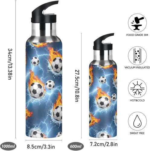 Vista 2 de Stainless Steel Vacuum Insulated Water Bottle 20 Oz, Leakproof Water Bottles for Gym Outdoor Travel School, Soccer Balls Water Flames