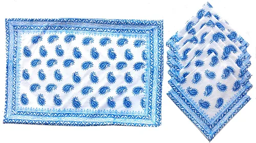 Vista 19 de Juego de 6 manteles individuales 100 % algodón estilo indio para mesa de comedor y servilletas (azul 1)