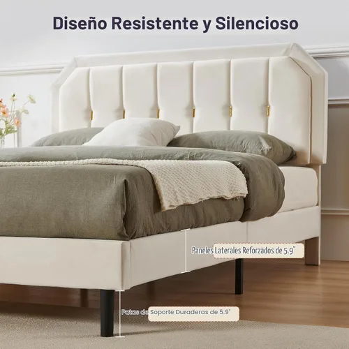 Vista 5 de Furnify Base de cama tamaño Queen, plataforma tapizada de terciopelo con ribete dorado, cama de estilo moderno con cabecera ajustable, no necesita