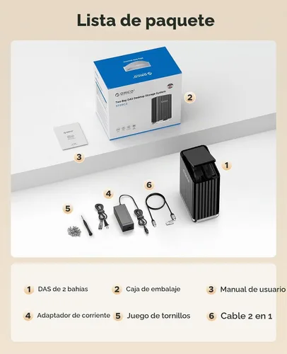 Vista 7 de ORICO Caja de disco duro de 2 bahías USB C Plug and Play DAS Backup con adaptador de corriente de 12V/4A Máximo 2* 22TB de almacenamiento para base