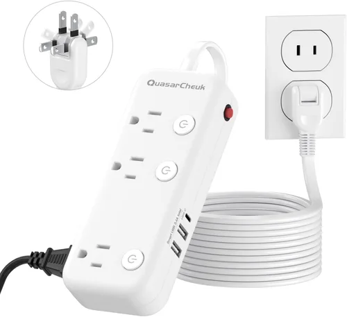 Vista 10 de Cable de extensión corto de 2 pulgadas, regleta pequeña extensor de toma plana protector contra sobretensiones con 8 salidas de CA, 6 USB